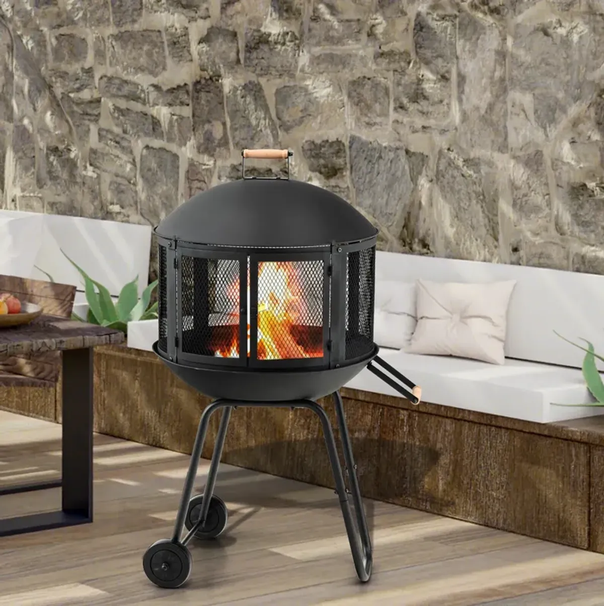 28 Inch Portable Fire Pit on Wheels with Log Grate-Black