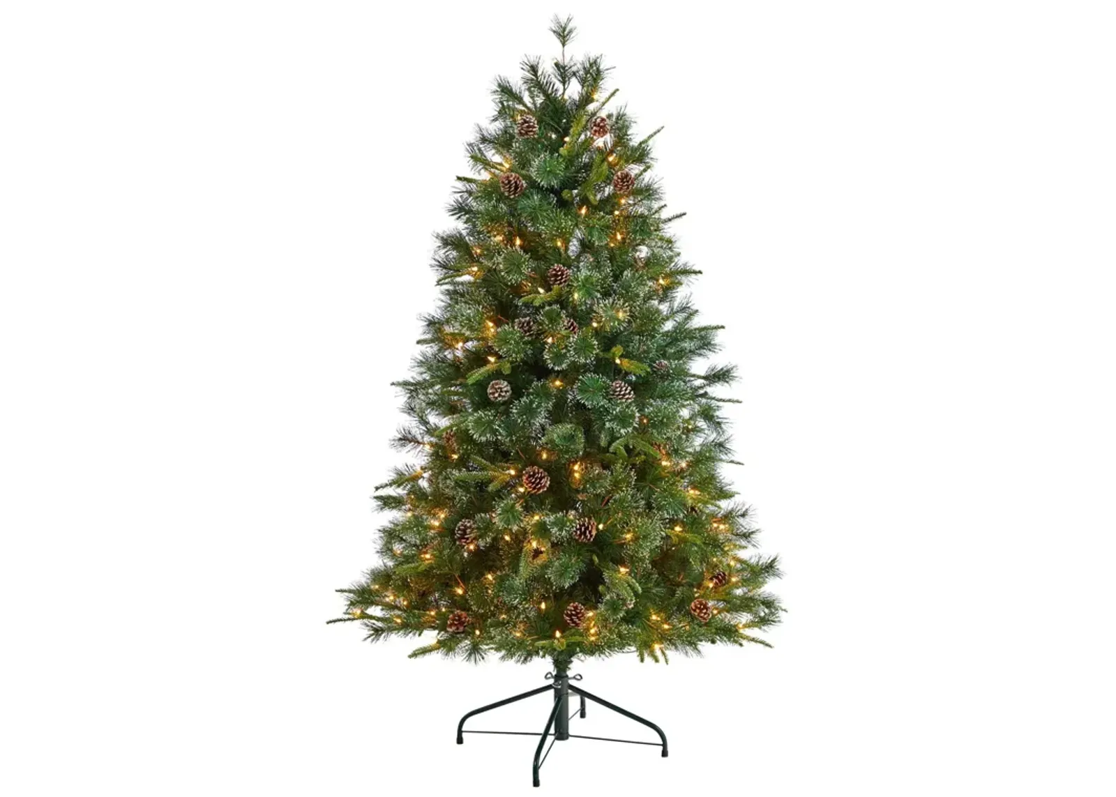 Nearly Natural Snowed Tipped Clermont Mixed Pine Artificial Christmas Tree with Clear Lights, Pine Cones and Bendable Branches