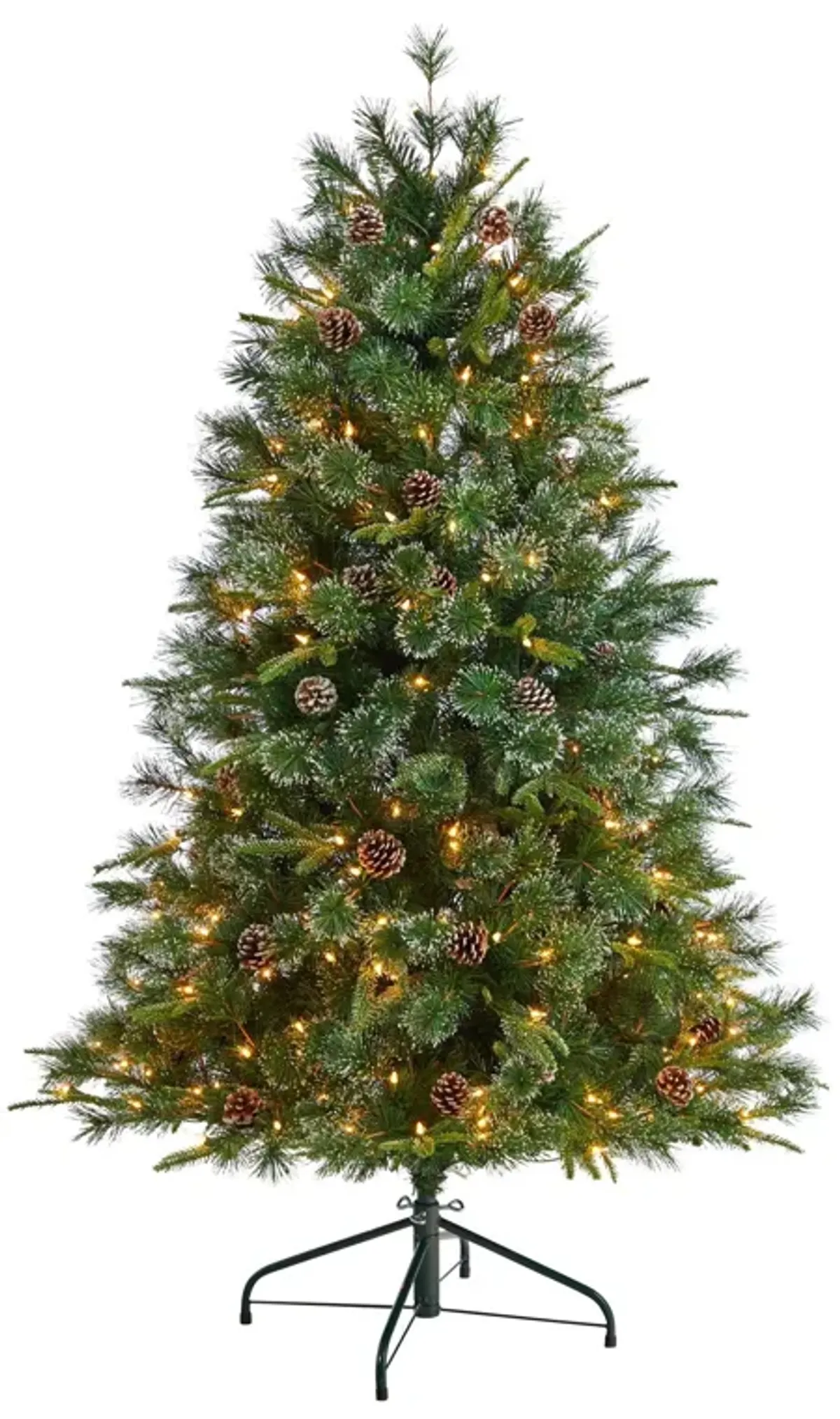 Nearly Natural Snowed Tipped Clermont Mixed Pine Artificial Christmas Tree with Clear Lights, Pine Cones and Bendable Branches