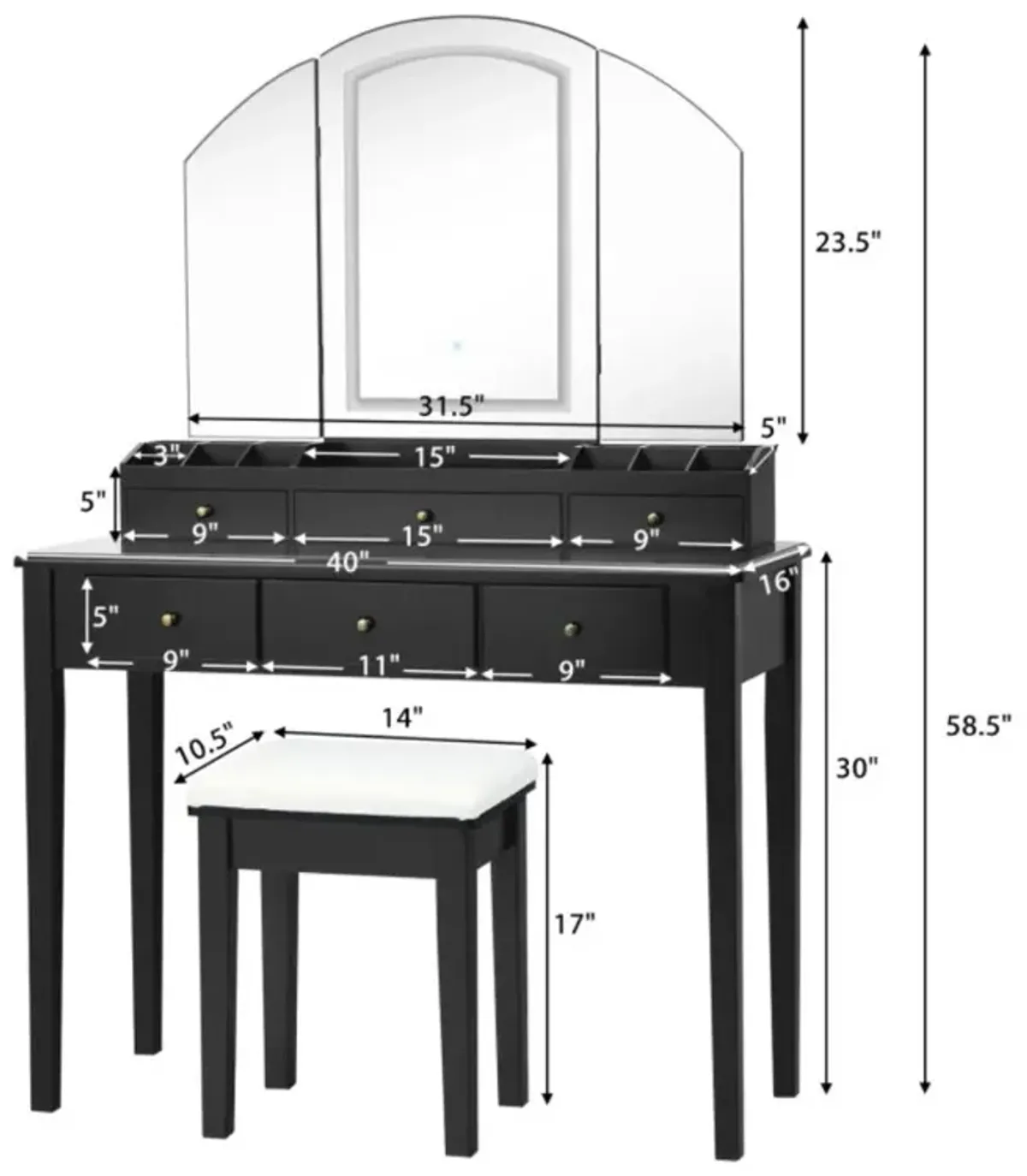 Hivvago Vanity Table Stool Set with Large Tri-folding Lighted Mirror