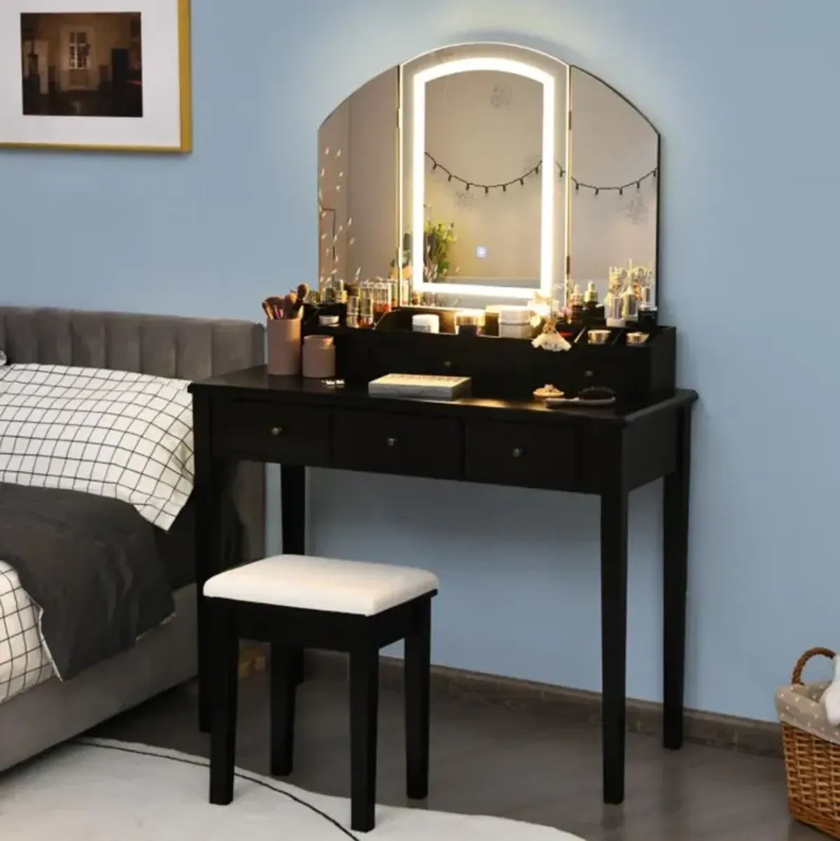 Hivvago Vanity Table Stool Set with Large Tri-folding Lighted Mirror