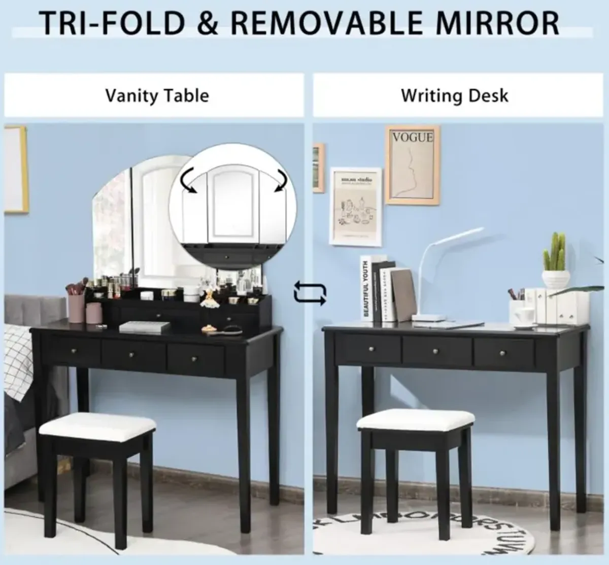 Hivvago Vanity Table Stool Set with Large Tri-folding Lighted Mirror