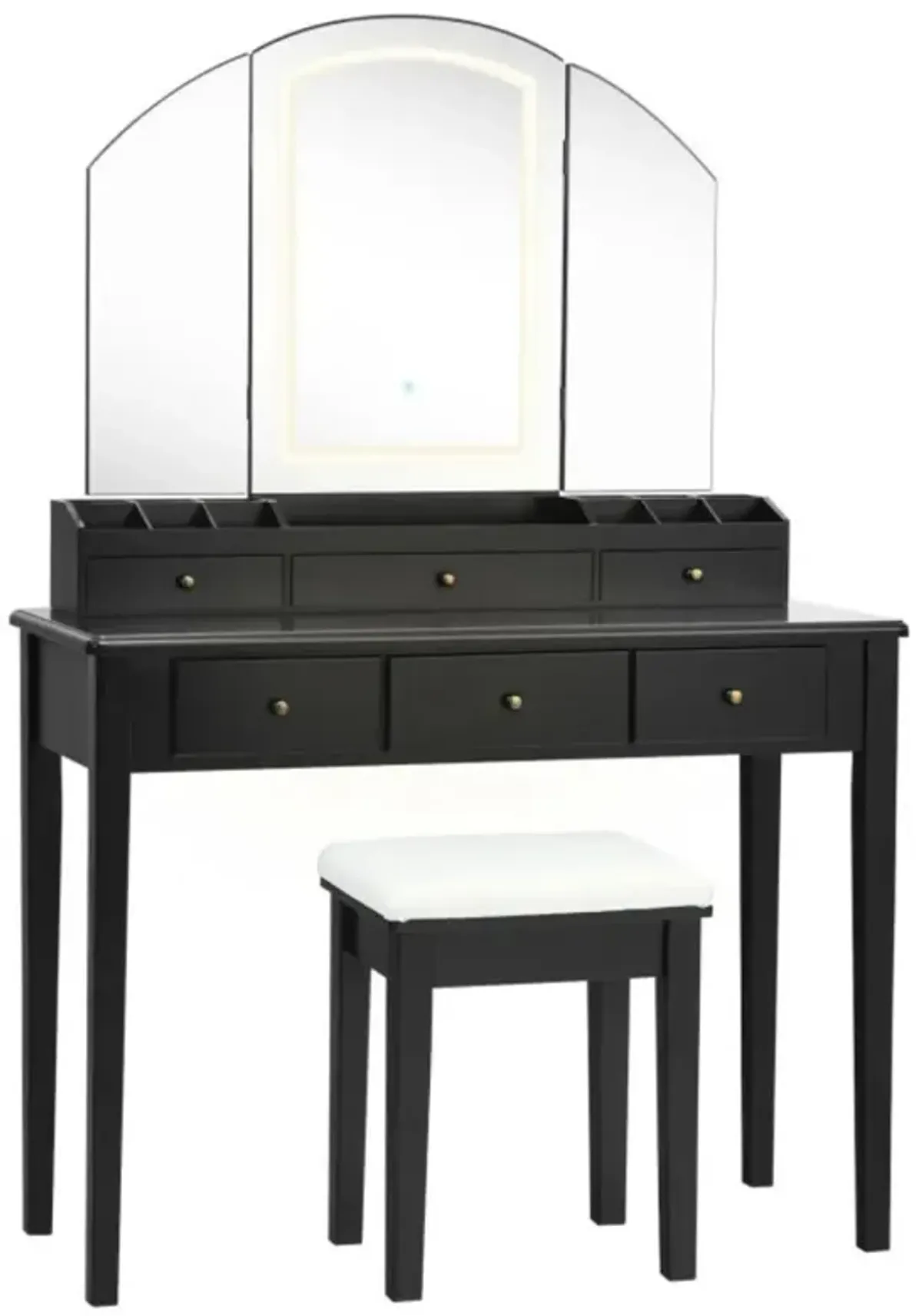 Hivvago Vanity Table Stool Set with Large Tri-folding Lighted Mirror