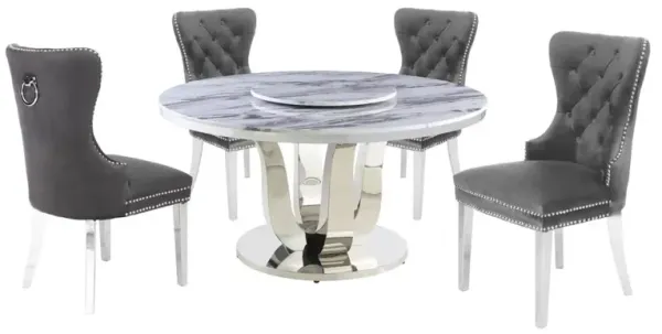 White Marble Round 5 piece Dining Set Ring Chairs in Dark Gray Velvet - Lazy Susan