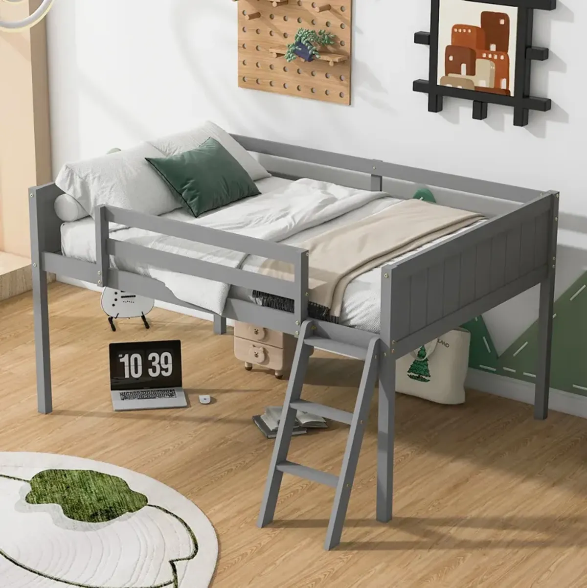 Whisen Elegant Design Full Size Wood Low Loft Bed with Convertible Ladder