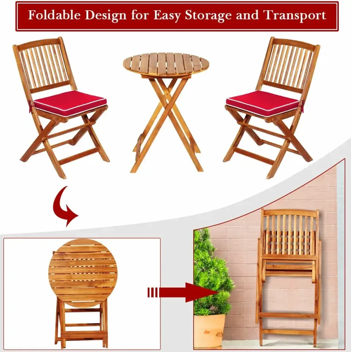 3 Pieces Patio Folding Bistro Set with Padded Cushion and Round Coffee Table