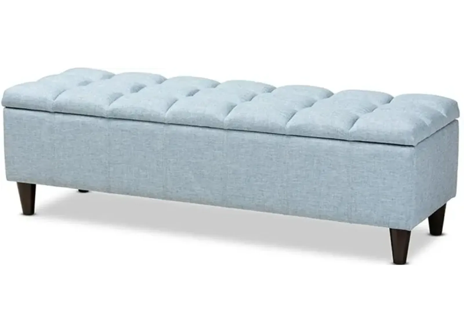 Light Blue Fabric Upholstered Dark Brown Finished Wood Storage Bench Ottoman