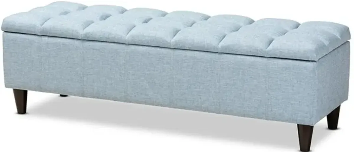 Light Blue Fabric Upholstered Dark Brown Finished Wood Storage Bench Ottoman