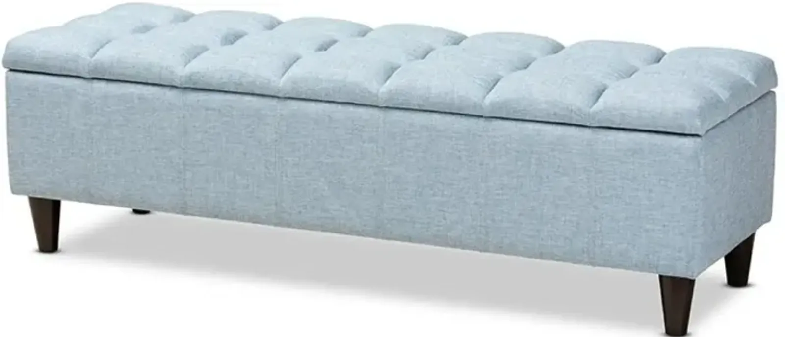 Light Blue Fabric Upholstered Dark Brown Finished Wood Storage Bench Ottoman