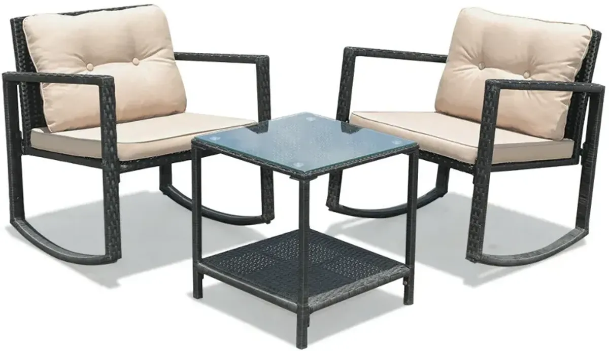 3 Pcs Wicker Rocking Bistro Set with Glass Coffee Table and Storage Shelf