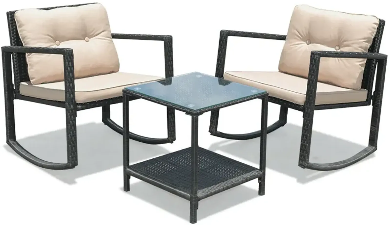 3 Pcs Wicker Rocking Bistro Set with Glass Coffee Table and Storage Shelf