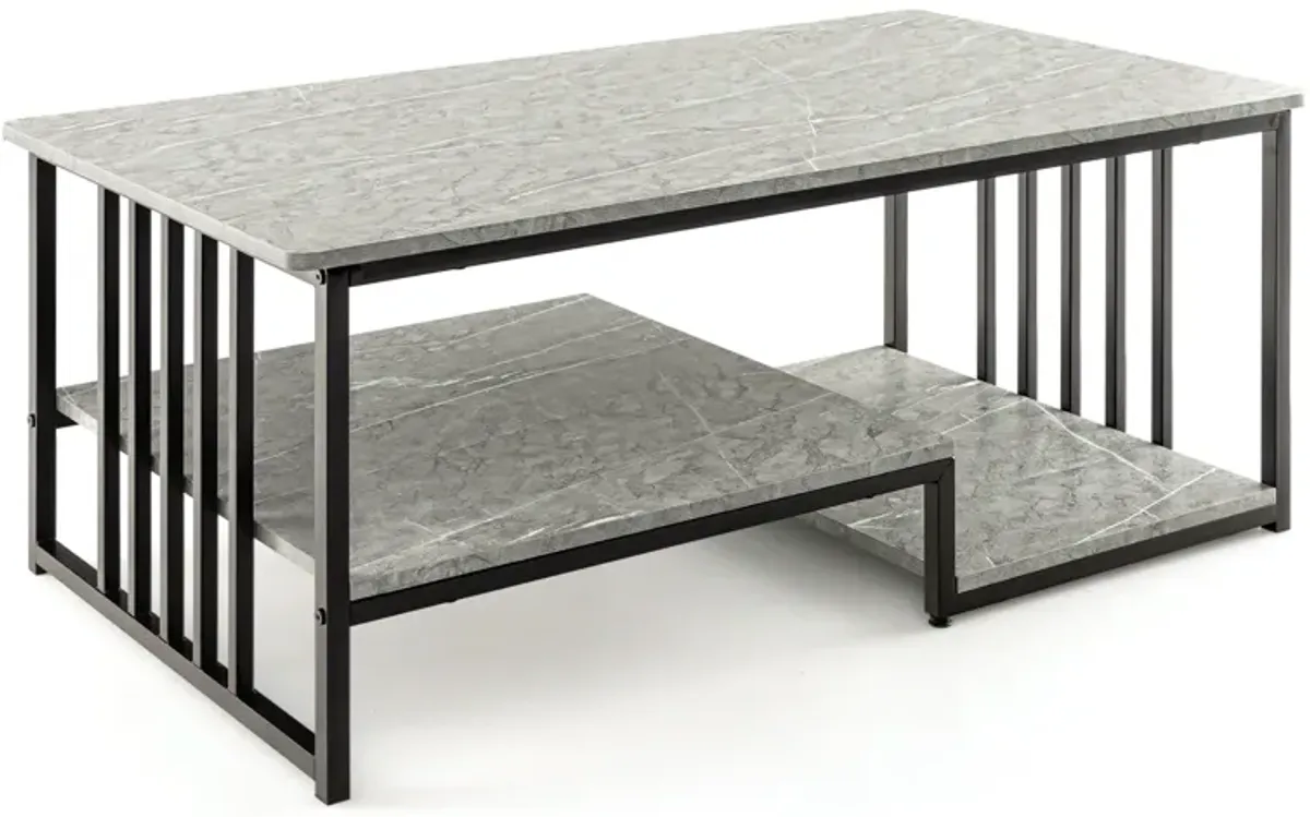 Faux Marble Coffee Table with Open Storage Shelf-Gray