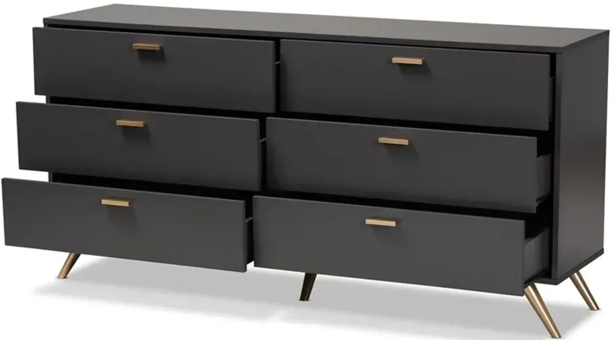 Kelson Modern and Contemporary Dark Grey and Gold Finished Wood 6-Drawer Dresser