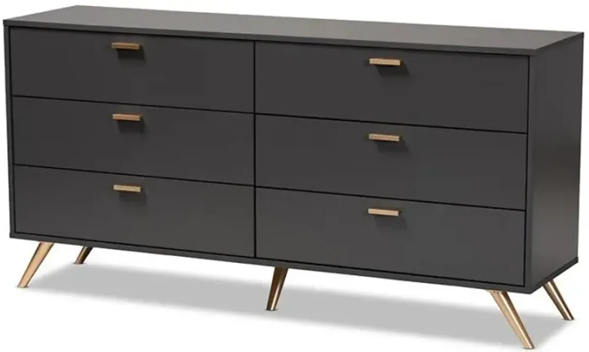 Kelson Modern and Contemporary Dark Grey and Gold Finished Wood 6-Drawer Dresser