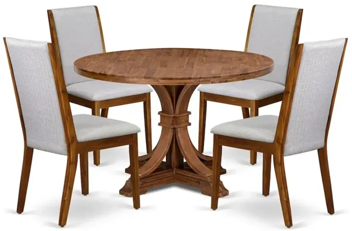 5-Pc Dining Set A Pedestal Breakfast Table, 4 Grey Linen Fabric Modern Chairs