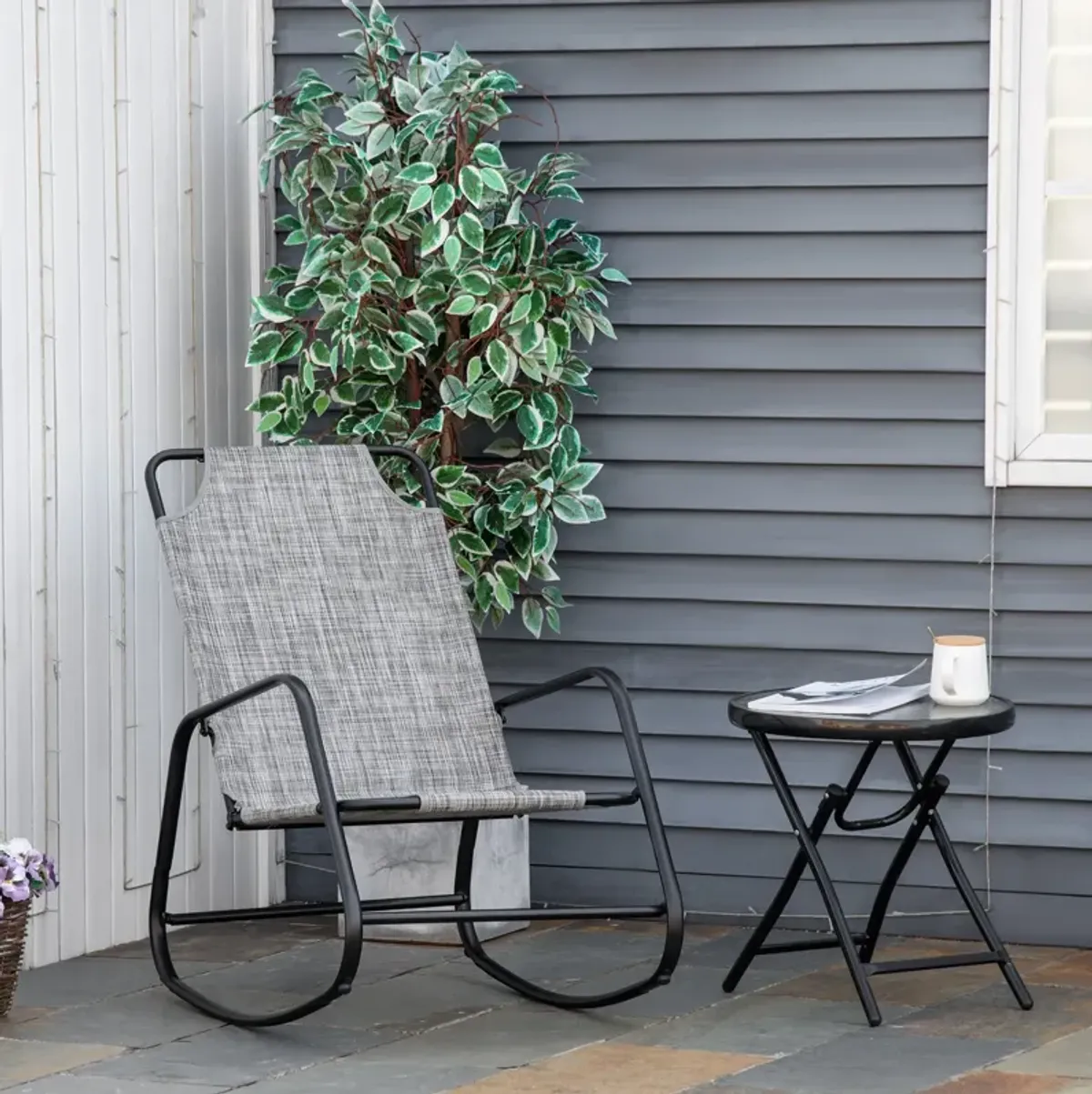 Grey Patio Comfort: Outdoor Sling Fabric Rocking Chair