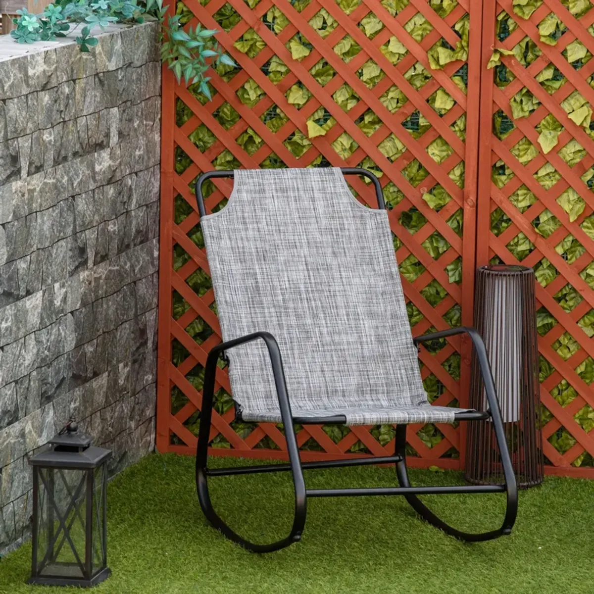 Grey Patio Comfort: Outdoor Sling Fabric Rocking Chair