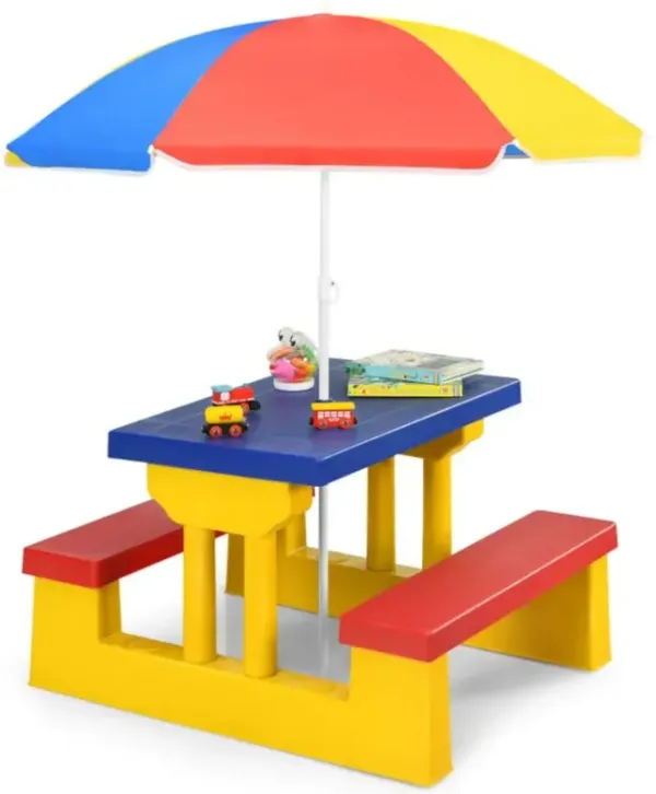 Kids Picnic Folding Table and Bench with Umbrella-Yellow