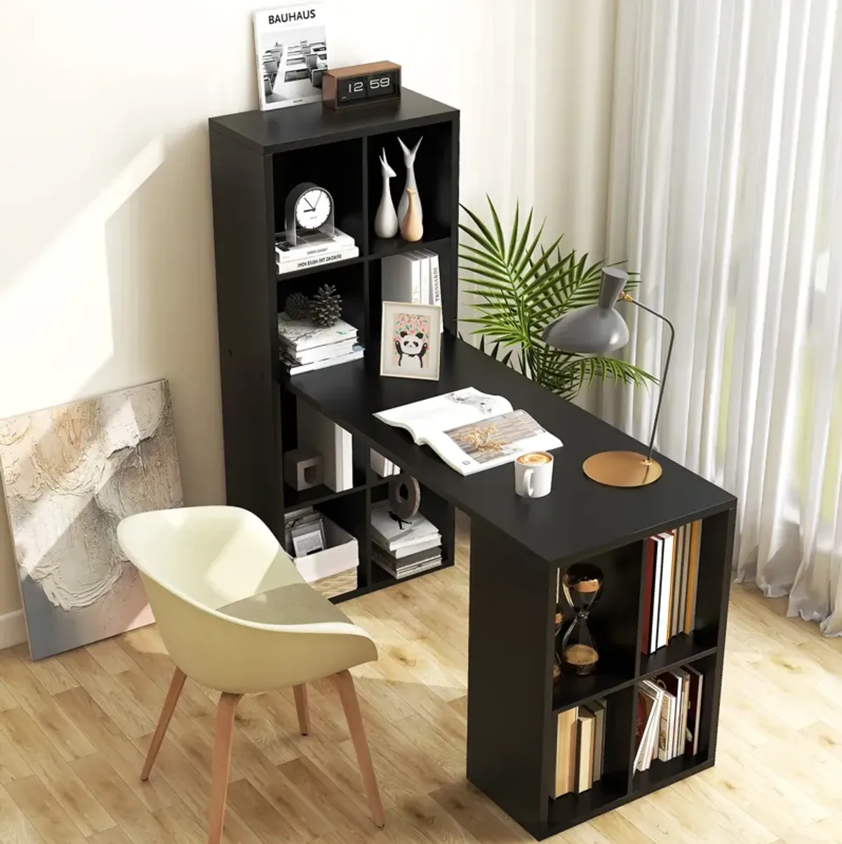 Modern Computer Desk with 12 Cubes Bookshelf