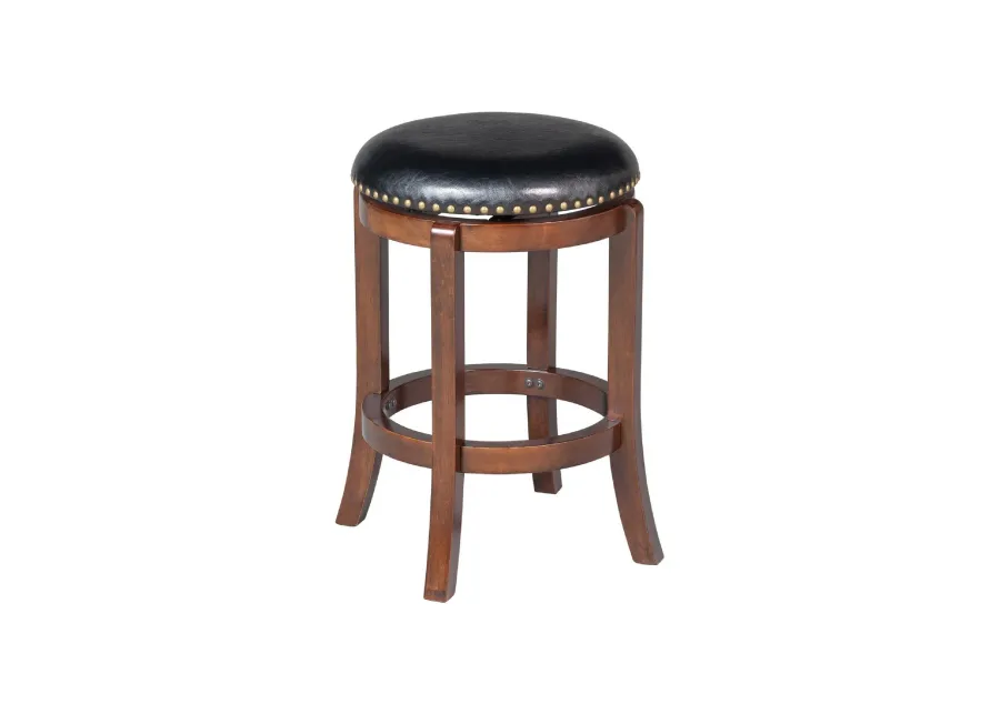 Ovi 24 Inch Wooden Swivel Counter Stool, Faux Leather Seat, Walnut Brown - Benzara