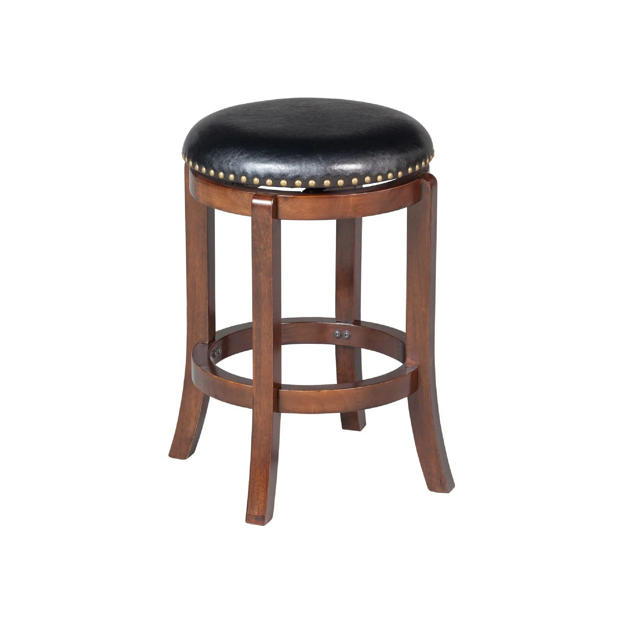 Ovi 24 Inch Wooden Swivel Counter Stool, Faux Leather Seat, Walnut Brown - Benzara