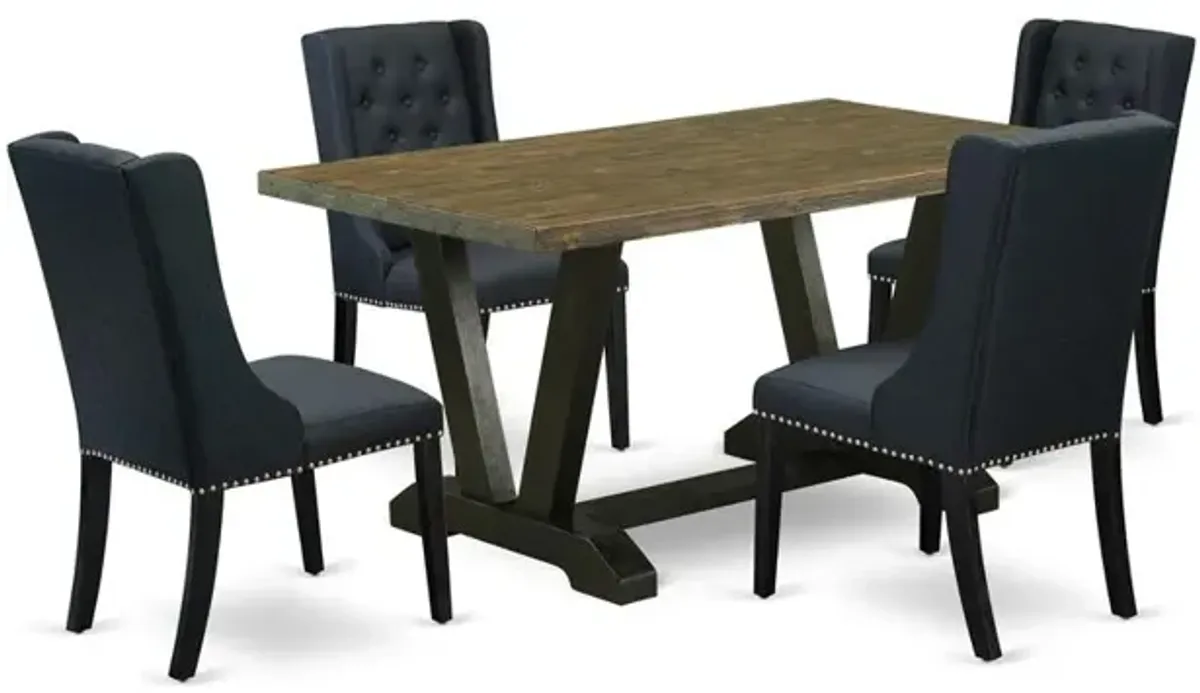 East West Furniture V676FO624-5 5 Piece Dining Table Set Includes 4 Black Linen Fabric Kitchen Chairs with Nailheads and Distressed Jacobean Dining Room Table - Wire Brush Black Finish