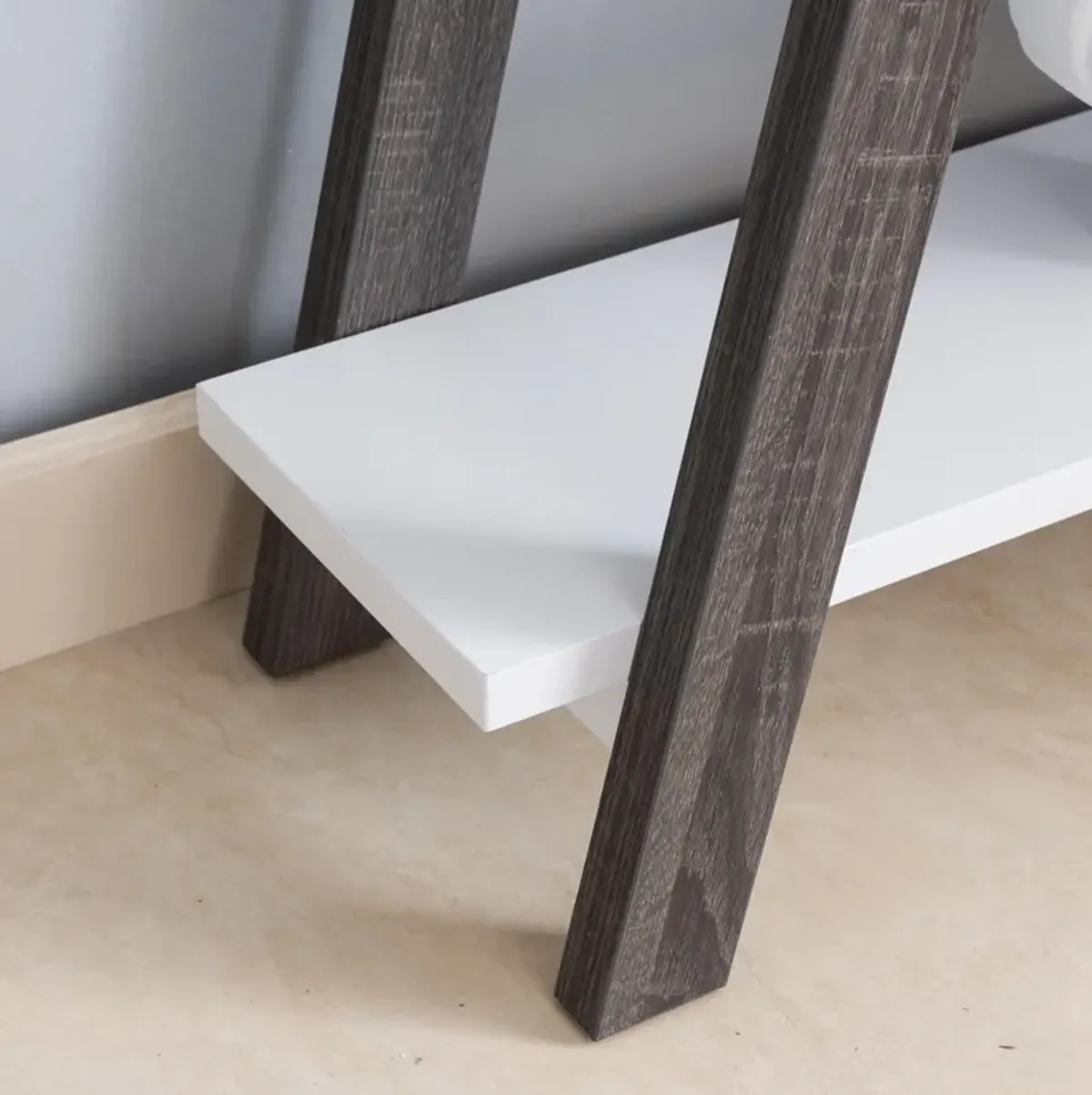 White & Distressed Grey A-Shape Leg Console Table with Bottom Shlef