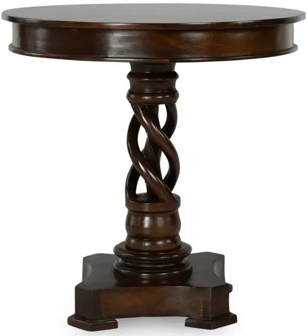 Tiara Accent Table, Pedestal Base, 30 Inch Round Dark Brown Mango Wood - Benzara
