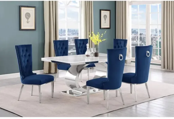 7pc Small(68") marble top dining set with silver base and 6 Navy blue chairs