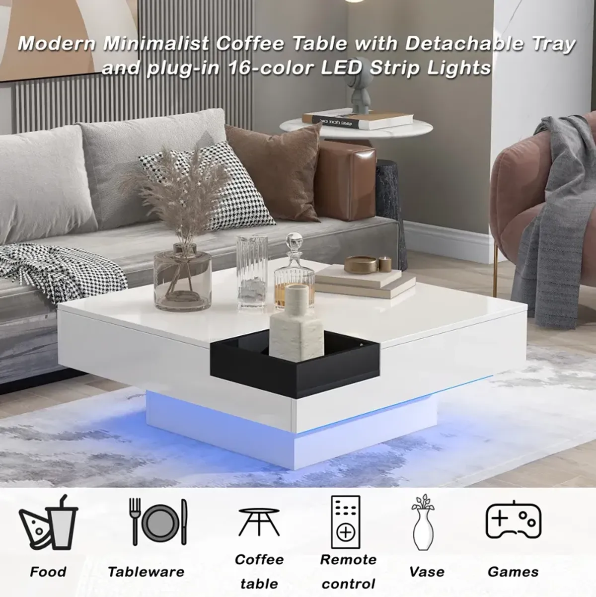 Modern Minimalist Design Square Coffee Table with Detachable Tray for Living Room