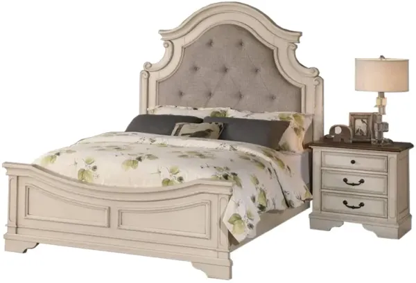 Lupe Queen Size Bed, Gray Upholstered Scalloped Frame, Antique White Finish - Benzara