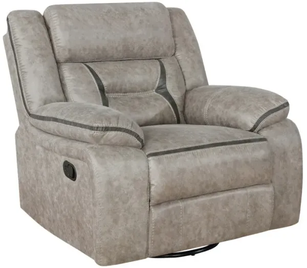 Jake 41 Inch Gliding Manual Recliner, Pillowtop, Taupe Brown Faux Leather - Benzara