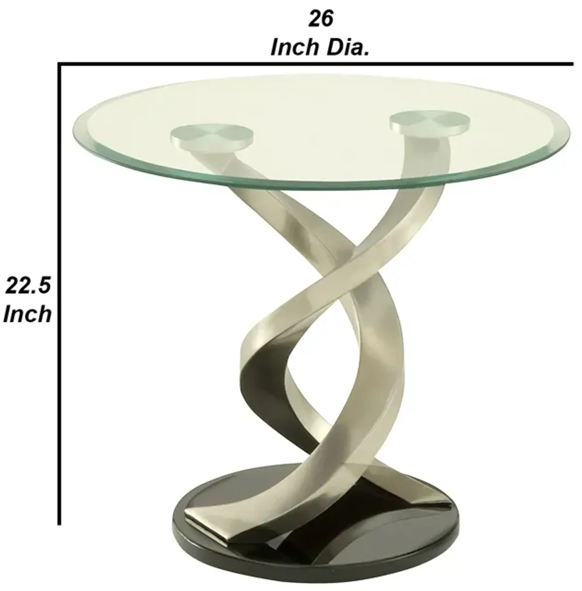 Modern Round Glass Top End Table with Twisted Metal Base, Silver and Black-Benzara