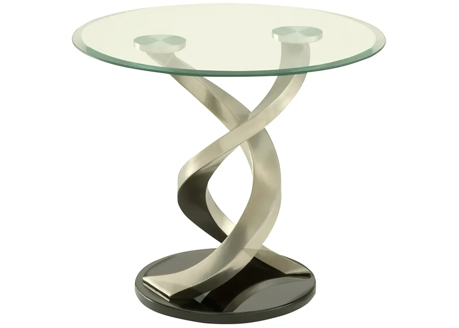 Modern Round Glass Top End Table with Twisted Metal Base, Silver and Black-Benzara