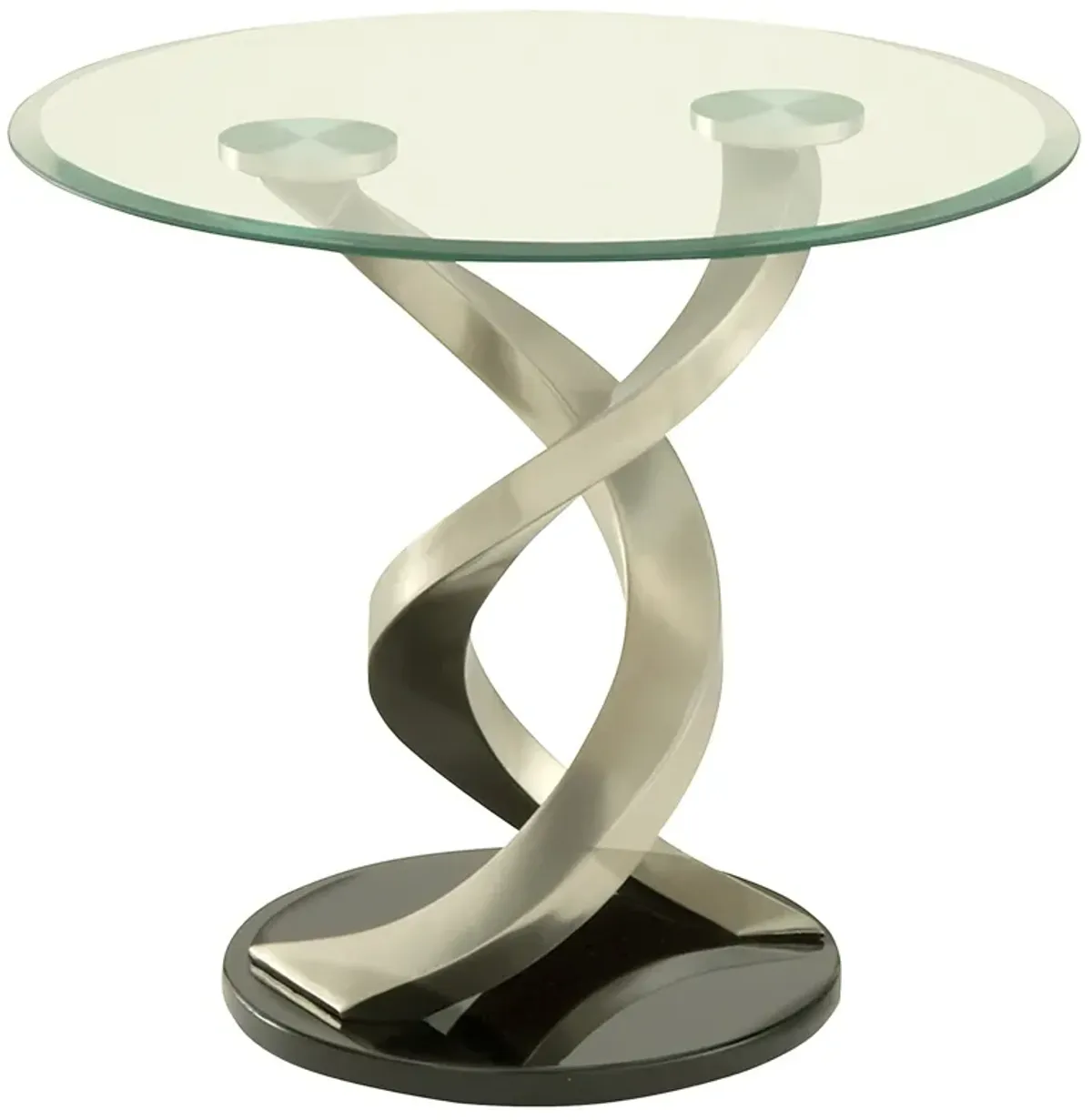 Modern Round Glass Top End Table with Twisted Metal Base, Silver and Black-Benzara