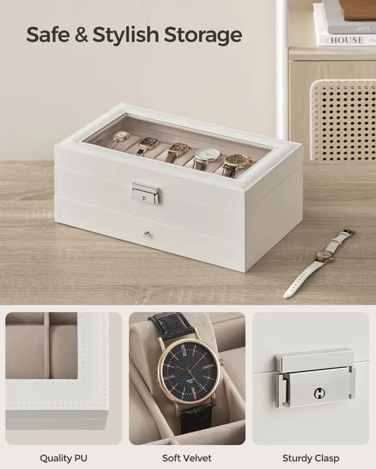 12-Slot Men's Watch Box Jewelry Organizer with Lock and Keys