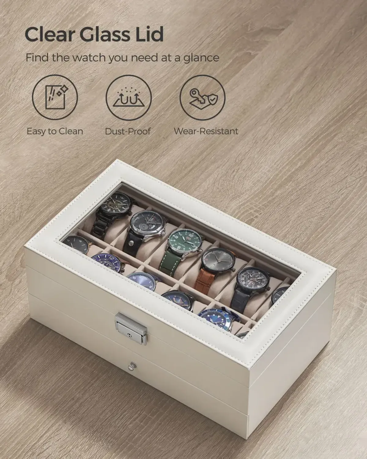 12-Slot Men's Watch Box Jewelry Organizer with Lock and Keys