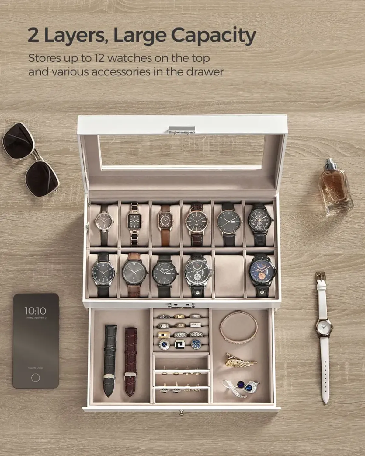 12-Slot Men's Watch Box Jewelry Organizer with Lock and Keys