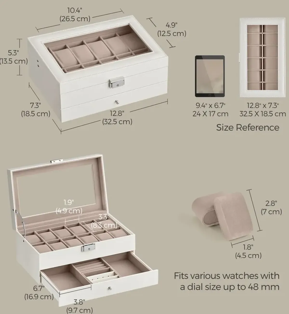 12-Slot Men's Watch Box Jewelry Organizer with Lock and Keys