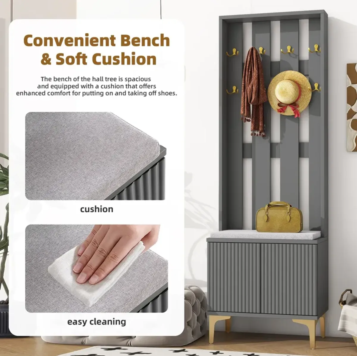 Clihome Modern Luxury 4-in-1 Hall Tree with Cushion, Versatile Coat Rack with 8 Gold Hooks and Legs, Entryway Bench with Adjustable Shelves & Fluted Doors for Hallway, Living Room, Grey, 23.6"*70.8"