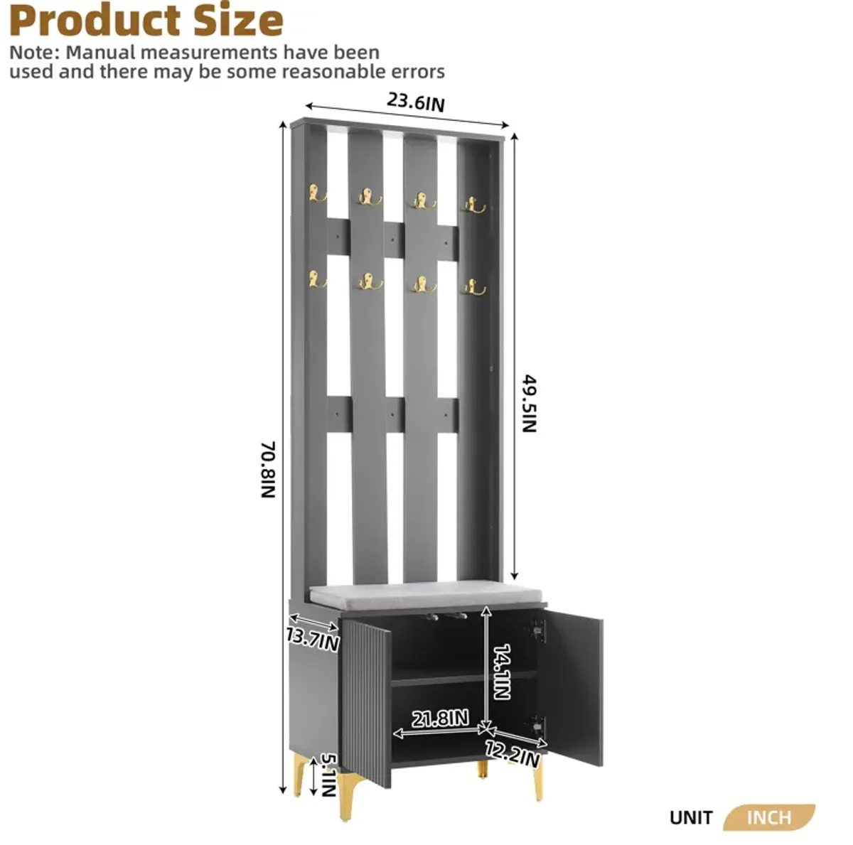 Clihome Modern Luxury 4-in-1 Hall Tree with Cushion, Versatile Coat Rack with 8 Gold Hooks and Legs, Entryway Bench with Adjustable Shelves & Fluted Doors for Hallway, Living Room, Grey, 23.6"*70.8"