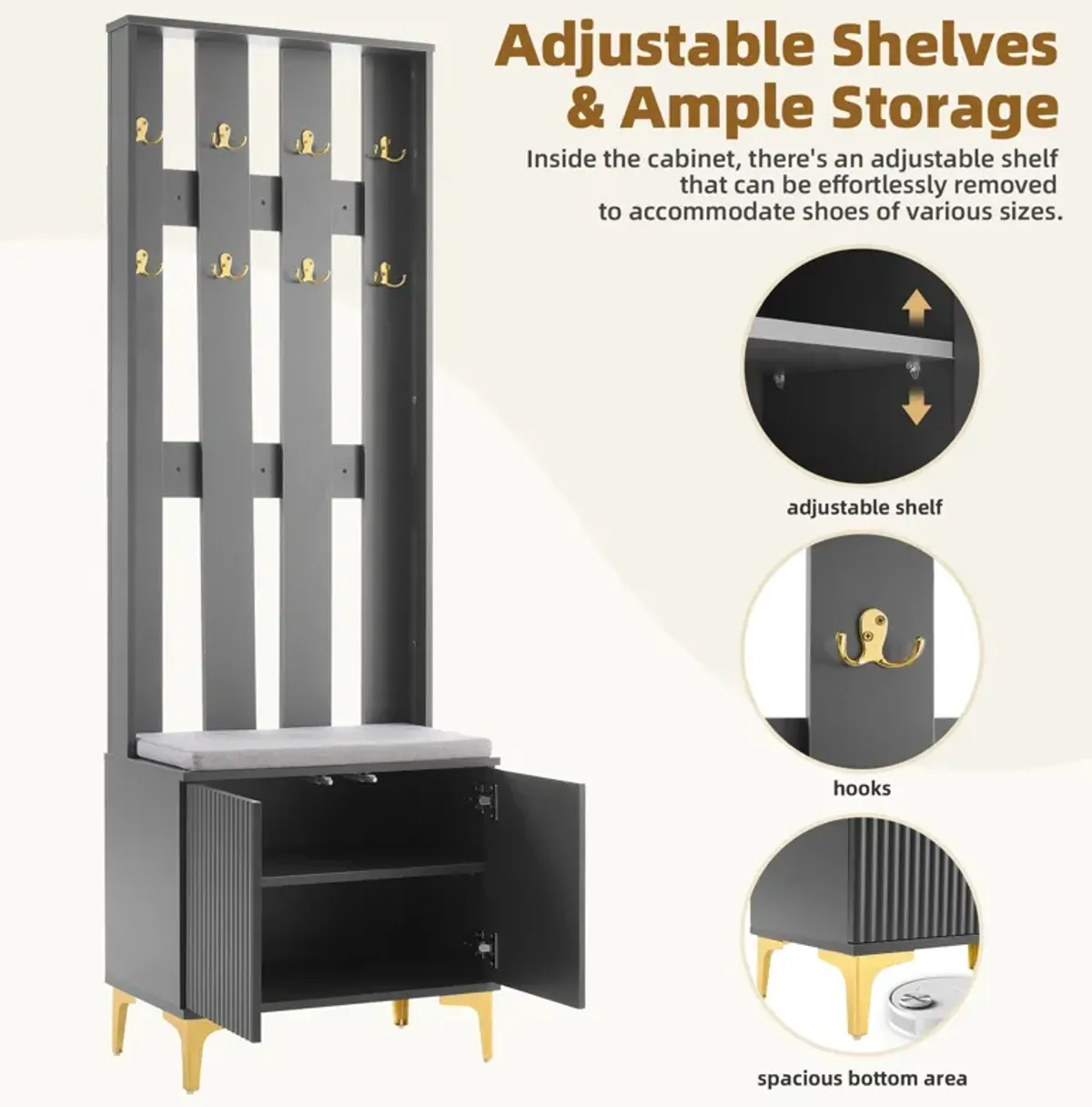 Clihome Modern Luxury 4-in-1 Hall Tree with Cushion, Versatile Coat Rack with 8 Gold Hooks and Legs, Entryway Bench with Adjustable Shelves & Fluted Doors for Hallway, Living Room, Grey, 23.6"*70.8"