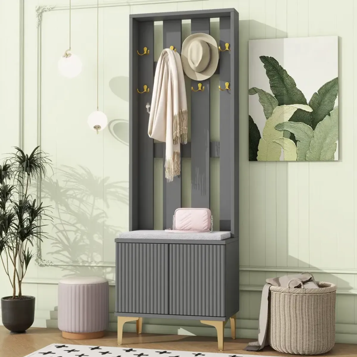 Clihome Modern Luxury 4-in-1 Hall Tree with Cushion, Versatile Coat Rack with 8 Gold Hooks and Legs, Entryway Bench with Adjustable Shelves & Fluted Doors for Hallway, Living Room, Grey, 23.6"*70.8"