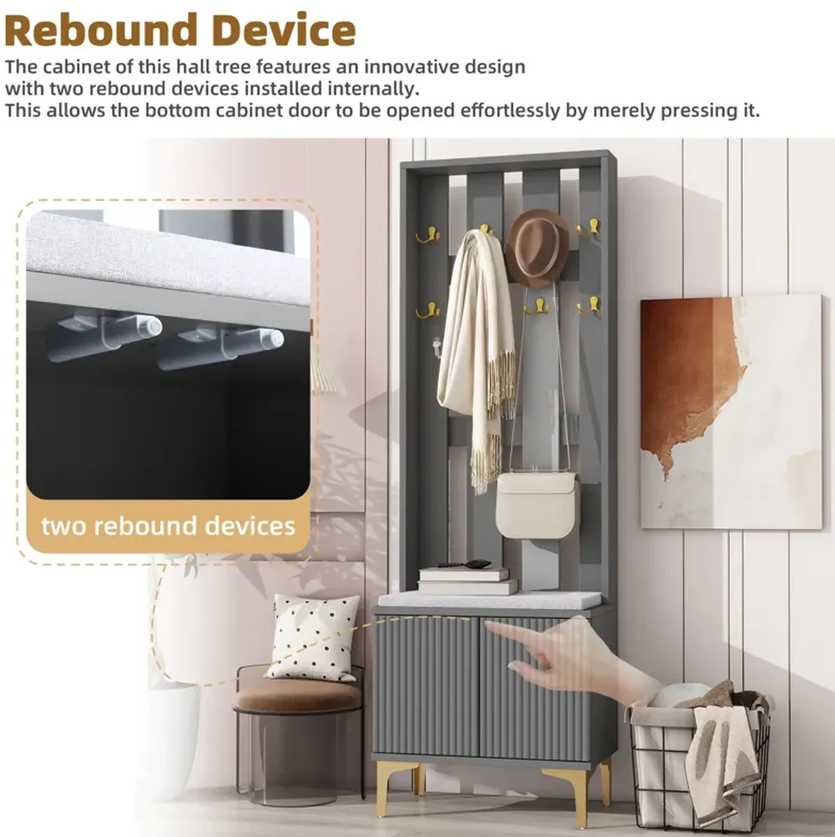 Clihome Modern Luxury 4-in-1 Hall Tree with Cushion, Versatile Coat Rack with 8 Gold Hooks and Legs, Entryway Bench with Adjustable Shelves & Fluted Doors for Hallway, Living Room, Grey, 23.6"*70.8"