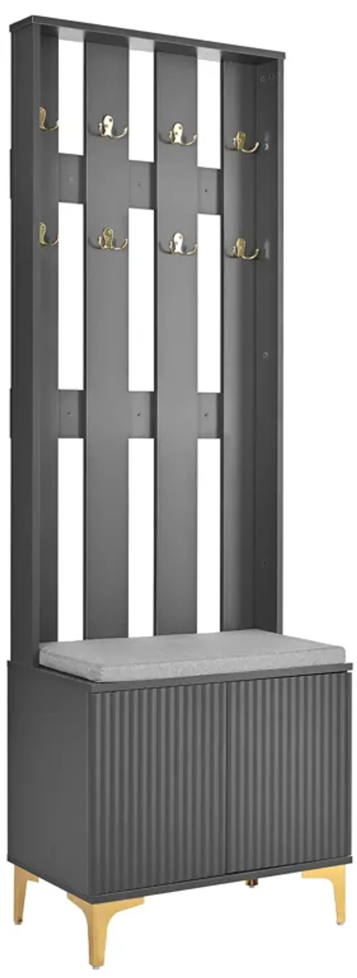 Clihome Modern Luxury 4-in-1 Hall Tree with Cushion, Versatile Coat Rack with 8 Gold Hooks and Legs, Entryway Bench with Adjustable Shelves & Fluted Doors for Hallway, Living Room, Grey, 23.6"*70.8"
