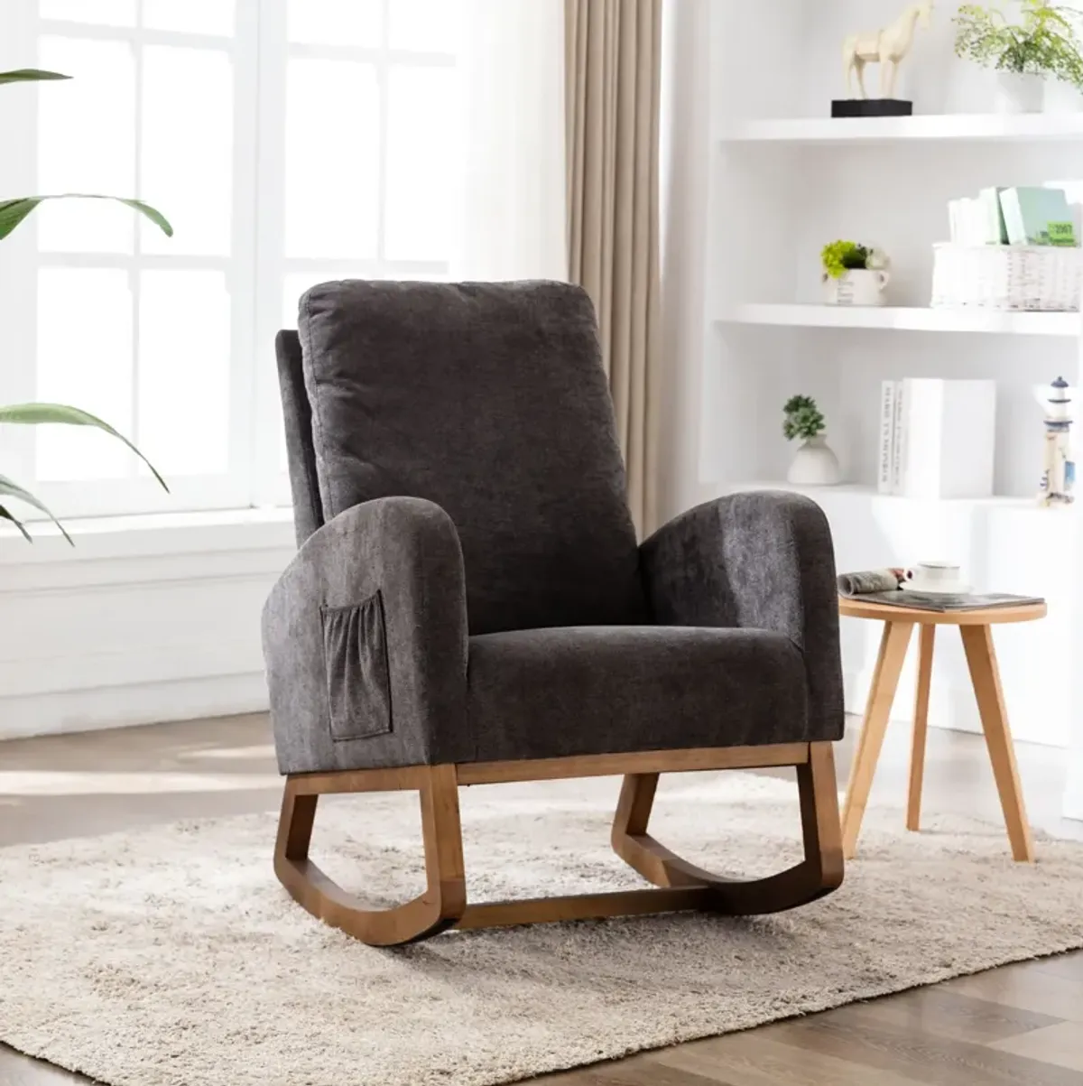 MONDAWE Rocking Chair, Modern Recliner Armchair with Wood Legs and Side Pocket, Nursery Rocking Accent Chair with High Back for Living Room Bedroom