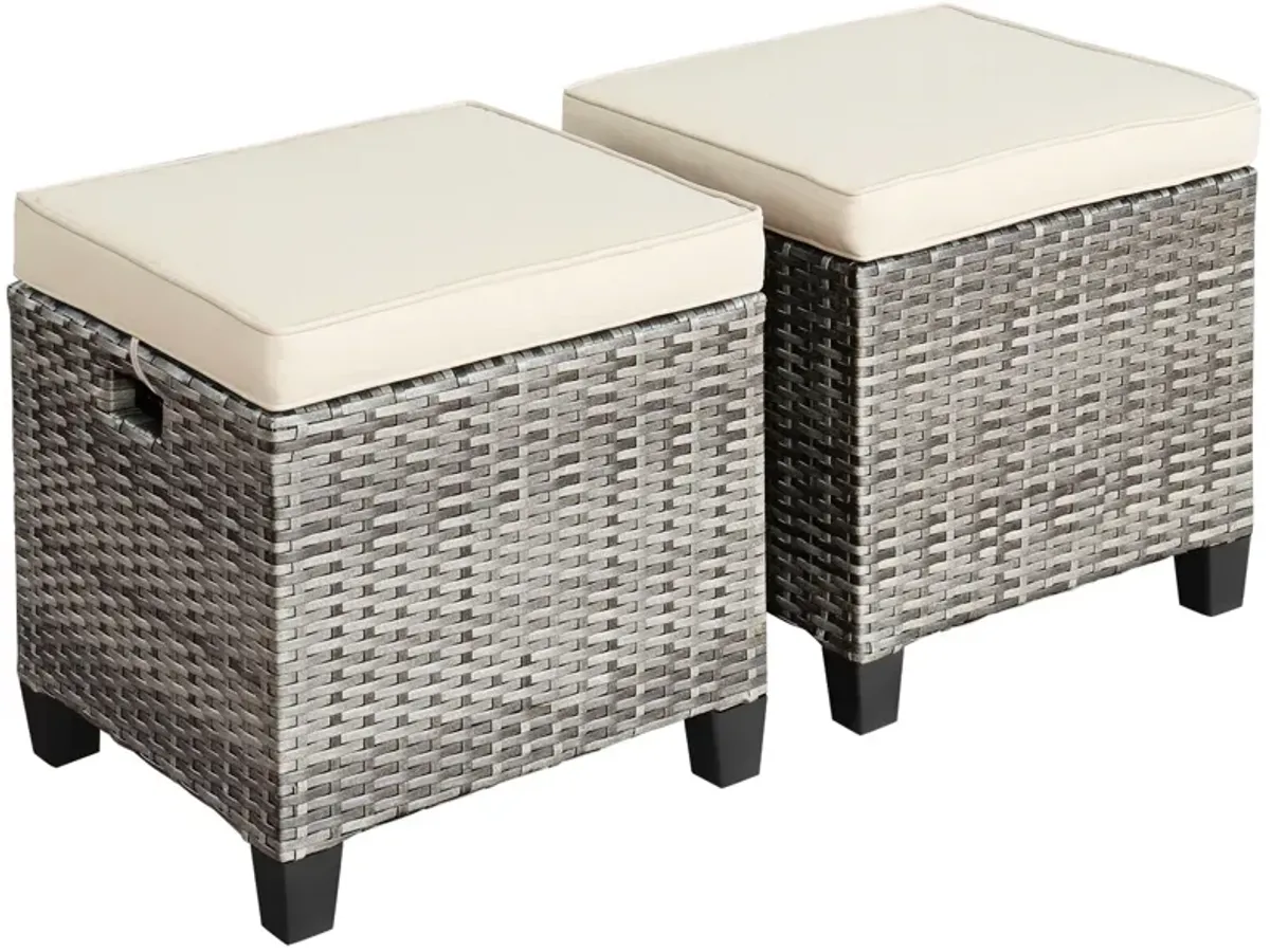 2PCS Patio Rattan Wicker Ottoman Seat with Removable Cushions