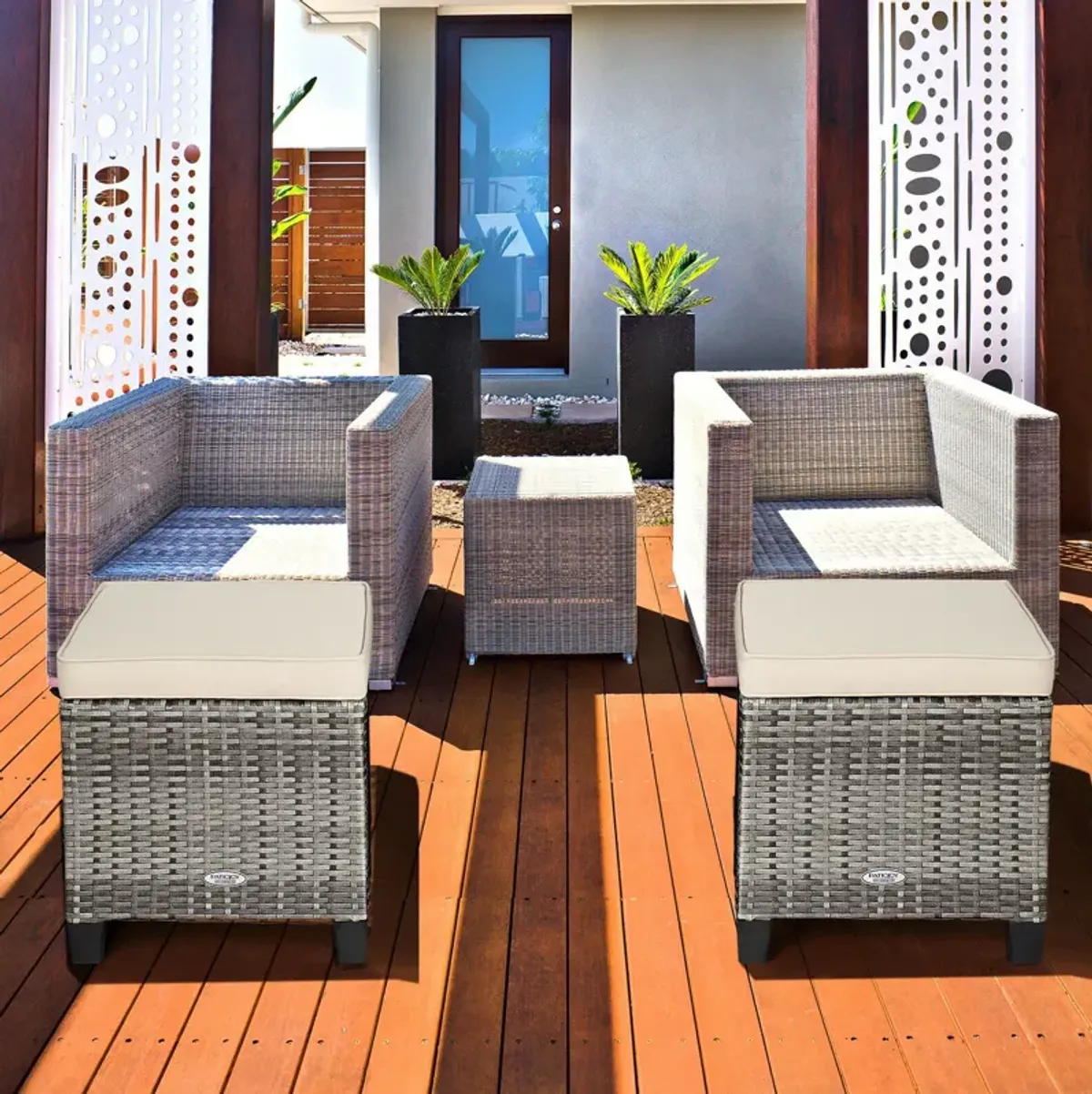 2PCS Patio Rattan Wicker Ottoman Seat with Removable Cushions