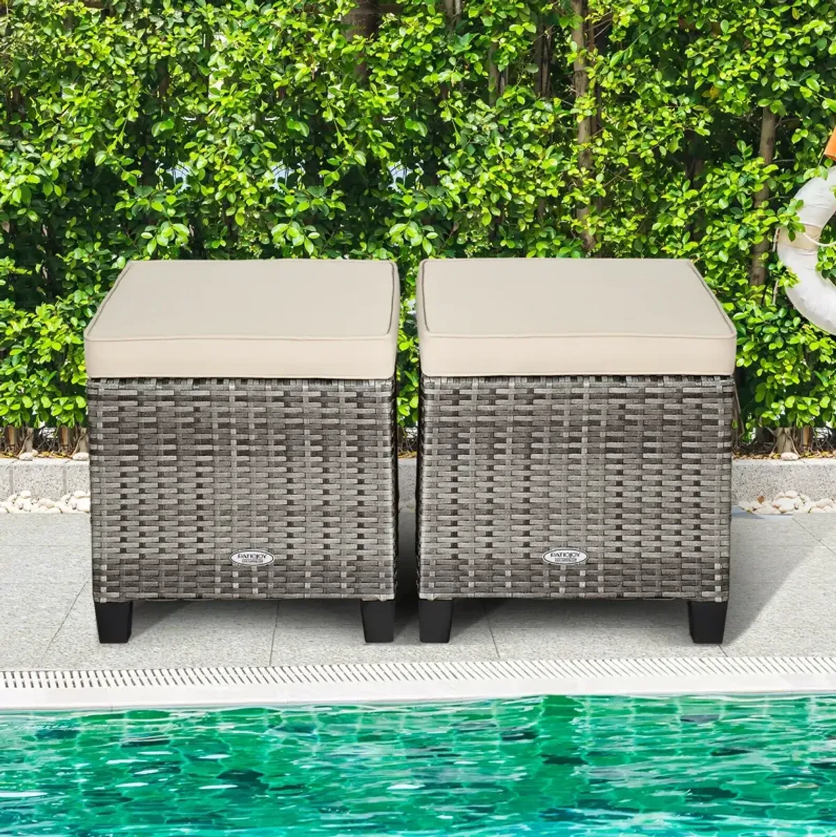 2PCS Patio Rattan Wicker Ottoman Seat with Removable Cushions