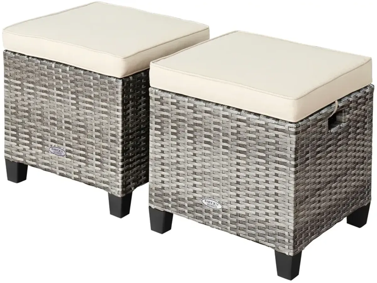 2PCS Patio Rattan Wicker Ottoman Seat with Removable Cushions